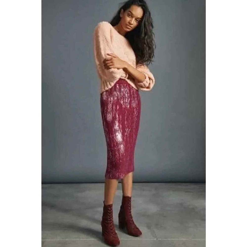 Anthropologie Rue Shimmer Sweater Midi Skirt Petite Small Plum Red